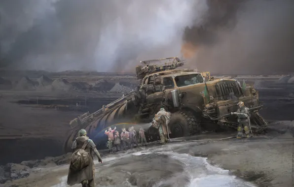 Picture children, transport, smoke, meeting, Resupply Caravan