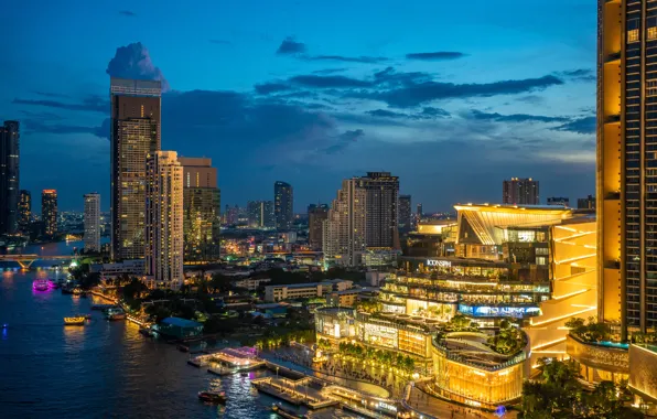 River, building, Thailand, Bangkok, Thailand, night city, skyscrapers, Bangkok