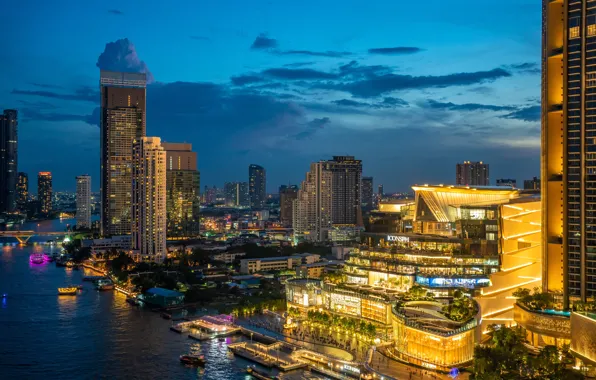 Picture river, building, Thailand, Bangkok, Thailand, night city, skyscrapers, Bangkok