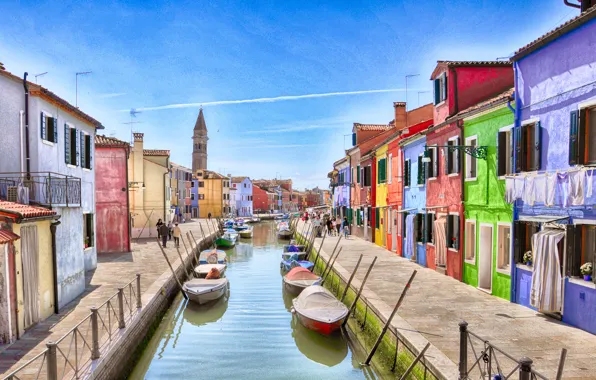 The sky, home, boats, Italy, Venice, channel, Burano island