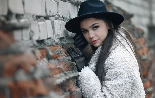 Look, girl, pose, wall, hat, brunette, gloves, coat