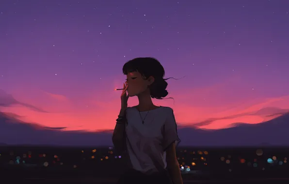 Sky, city lights, stars, dusk, women, artwork, sunlight, necklace