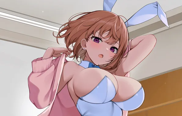 Girl, sexy, cleavage, brown hair, boobs, anime, beautiful, short hair