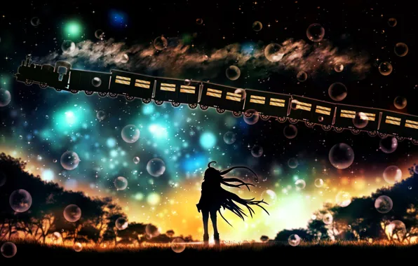 Picture the sky, girl, trees, night, bubbles, train, art, vocaloid
