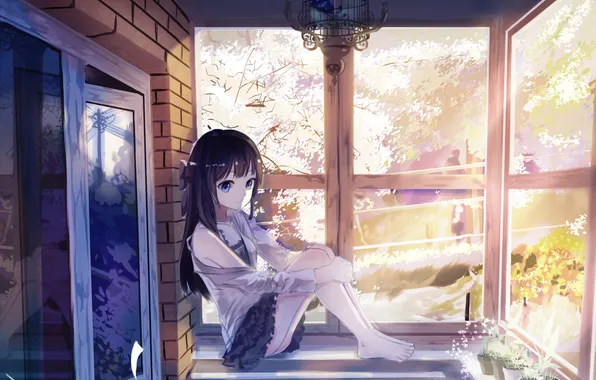 Girl, light, smile, butterfly, cell, anime, window, art