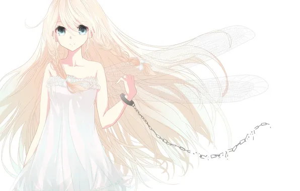 Picture wings, dress, art, girl, white background, chain, vocaloid, ren-0