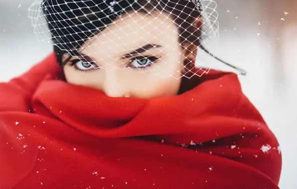 Winter, girl, brunette, red, veil, Cape