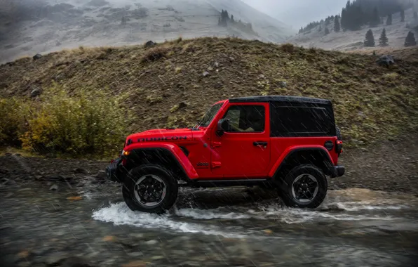 Picture water, red, movement, rain, 2018, Jeep, Wrangler Rubicon