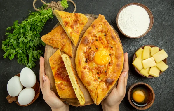 Greens, egg, eggs, hands, cheese, pie, pieces, the beam