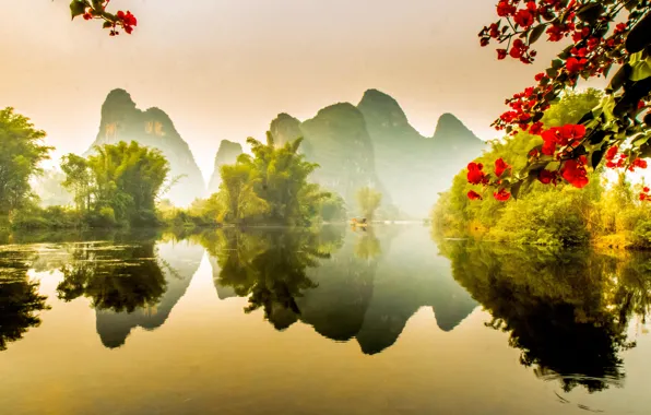 Water, flowers, mountains, nature, lake, reflection, river, China