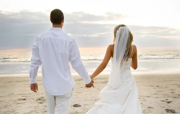 The bride, wedding, love, beach, the couple, love, the ocean, veil