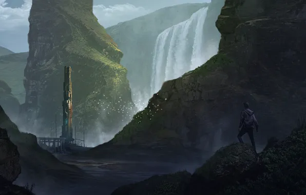 Mountains, people, waterfall, construction, Tower