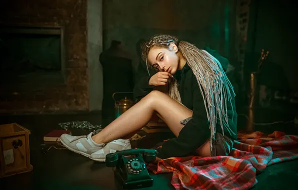 Look, girl, pose, room, phone, legs, Albert Lesnoy