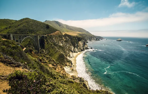 Sea, the sky, clouds, mountains, bridge