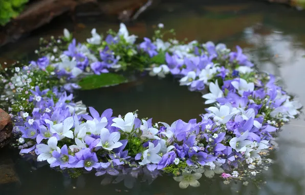 Water, lilac, bells, wreath