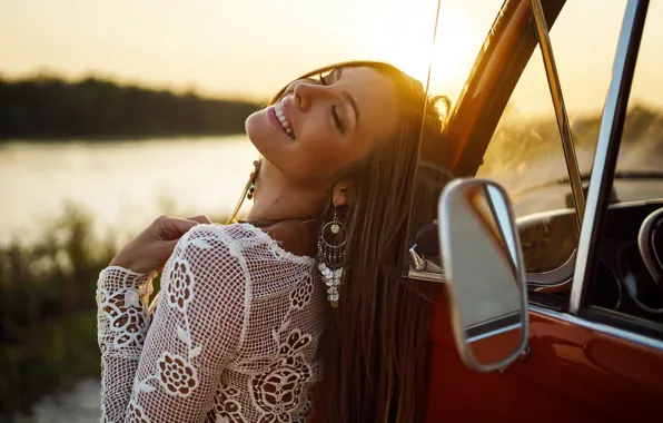 Picture auto, girl, joy, sunset