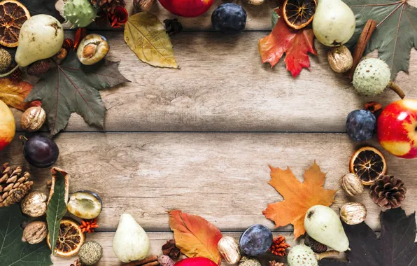 Picture autumn, leaves, apples, plum, bumps, pear, postcard, template