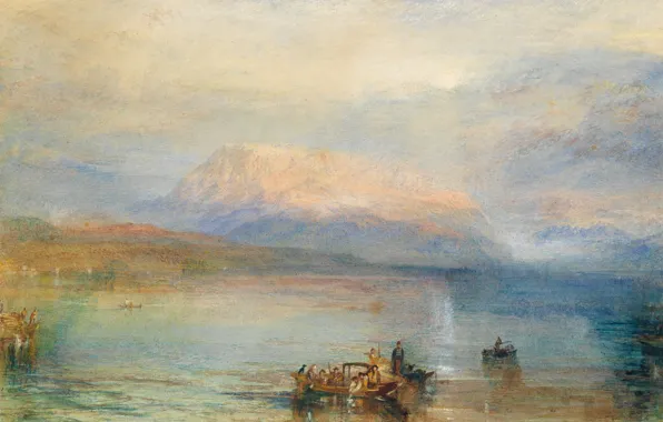 Picture landscape, mountains, lake, people, boat, picture, Bay, watercolor