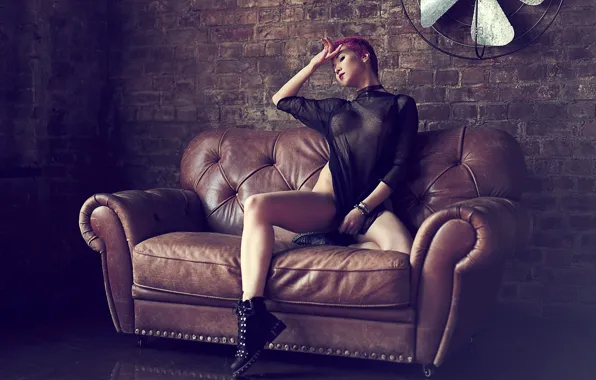 Pose, wall, model, brick, makeup, shoes, figure, hairstyle