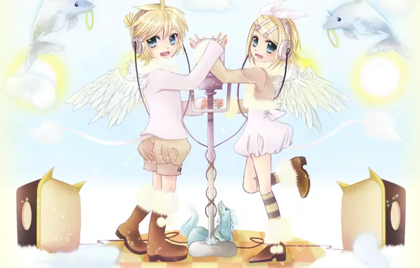 Girl, angels, dolphins, guy, two, dragon, Vocaloid, Vocaloid