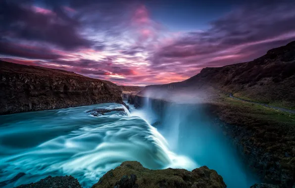 Picture the sky, water, clouds, sunset, rocks, waterfall, Iceland, Iceland