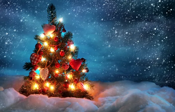 Winter, snow, decoration, balls, toys, spruce, hearts, tree