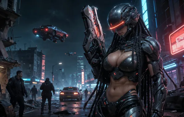 Picture night, the city, future, street, armor, helmet, car, bust