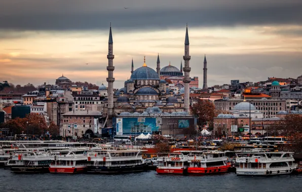 Picture sea, the city, building, home, ships, mosque, Istanbul, Turkey