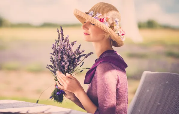 Girl, flowers, bouquet, chair, blonde, profile, hat, lavender