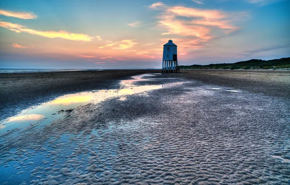 Sea, the sky, clouds, sunset, lighthouse, tide, ernam, Somerset