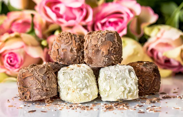 Picture flowers, roses, bouquet, dessert, chocolates