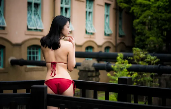 Swimsuit, girl, sexy, brunette, bikini, Asian, bokeh
