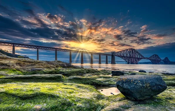 Picture sunset, bridge, coast, stone, Scotland, Bay, Scotland, Forth Bridge