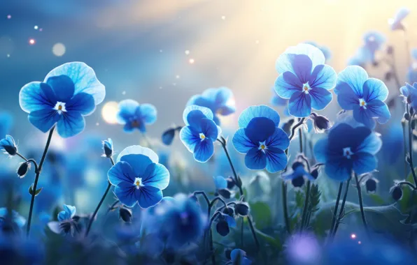 Light, flowers, spring, blue, Pansy, flowerbed, blue, bokeh