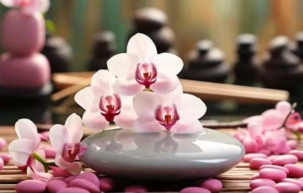 Flowers, pebbles, stones, orchids, AI art, neural network