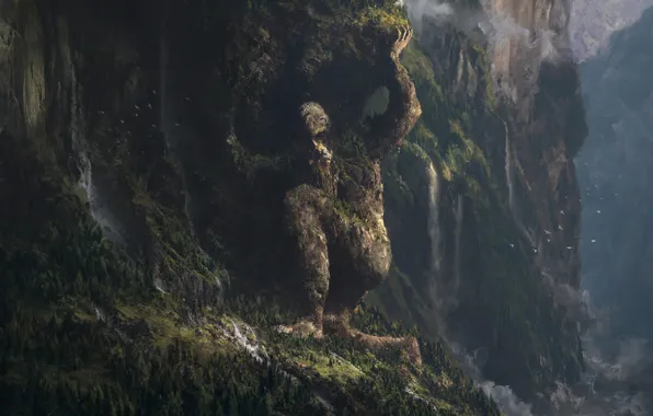 Mountains, birds, gorge, statue, In Elder Days And Years of Yore