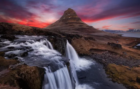 Landscape, mountain, waterfall, Island, Kirkjufell, Waterfall