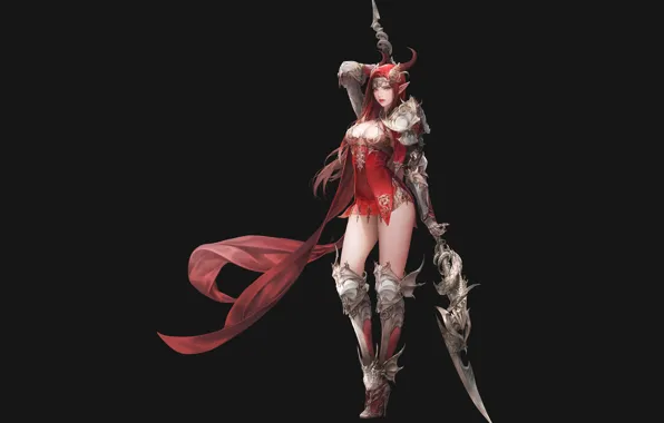 Picture girl, weapons, horns, spear, pointy ears, league of angels