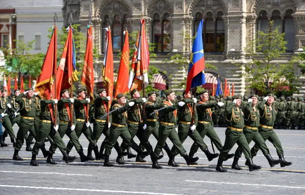 The city, holiday, victory day, Moscow, flags, red square, March