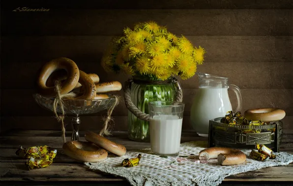 Picture glass, dandelion, milk, candy, still life, drying