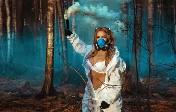 Trees, pose, model, smoke, makeup, hairstyle, gloves, brown hair