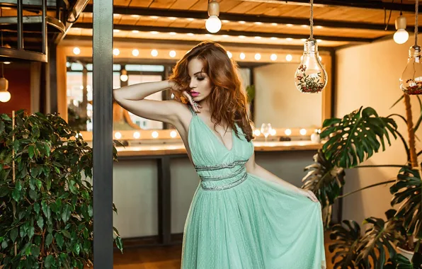 Picture model, redhead, pose, green dress, A Diakov George