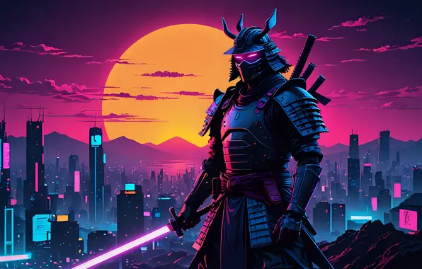 Picture sunset, neon, samurai, AI art