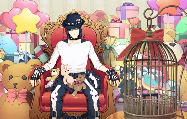 Balloons, toys, chair, hat, cell, gifts, bird, bears