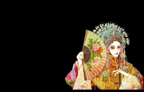 Decoration, fan, Asian, black background, headdress