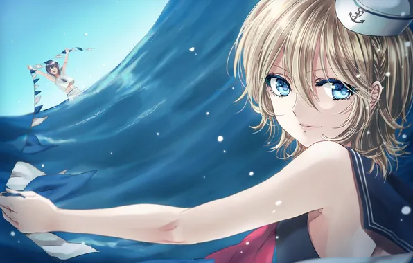 Picture water, girls, the ocean, anime, art, braids, flags, sailor