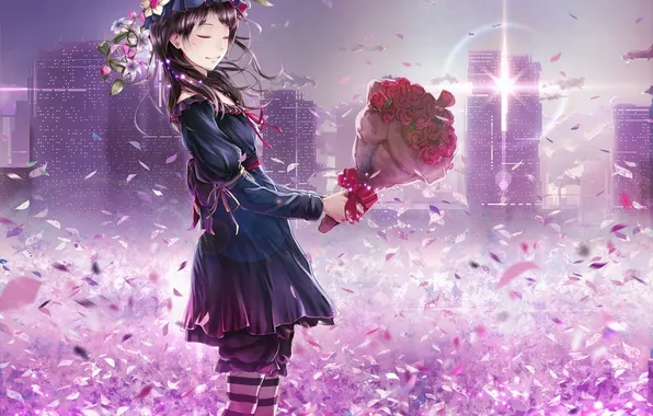 Picture girl, flowers, the city, home, roses, bouquet, hat, anime