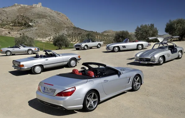 The sky, Mercedes-Benz, Mercedes, SL-class, different generations, SL-class