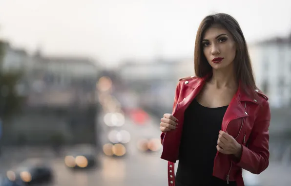 Look, face, background, model, lipstick, jacket, red, leather