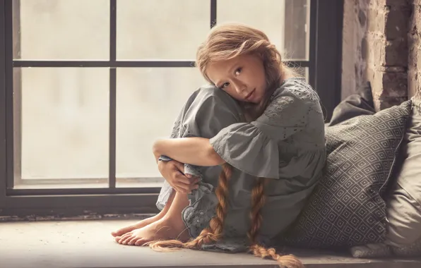 Picture window, girl, braid, Olga Perelygina